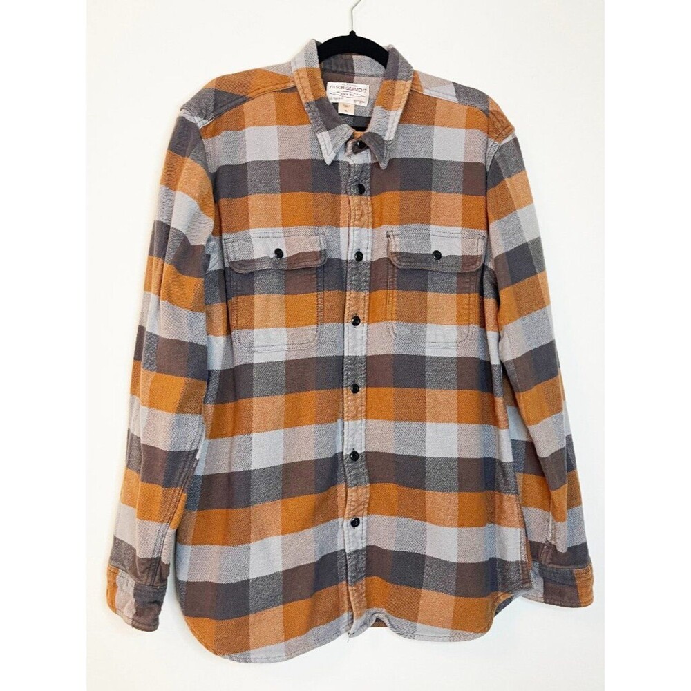 Filson Garment XL Orange Gray Buffalo Plaid Flannel Shirt 100% Cotton Workwear